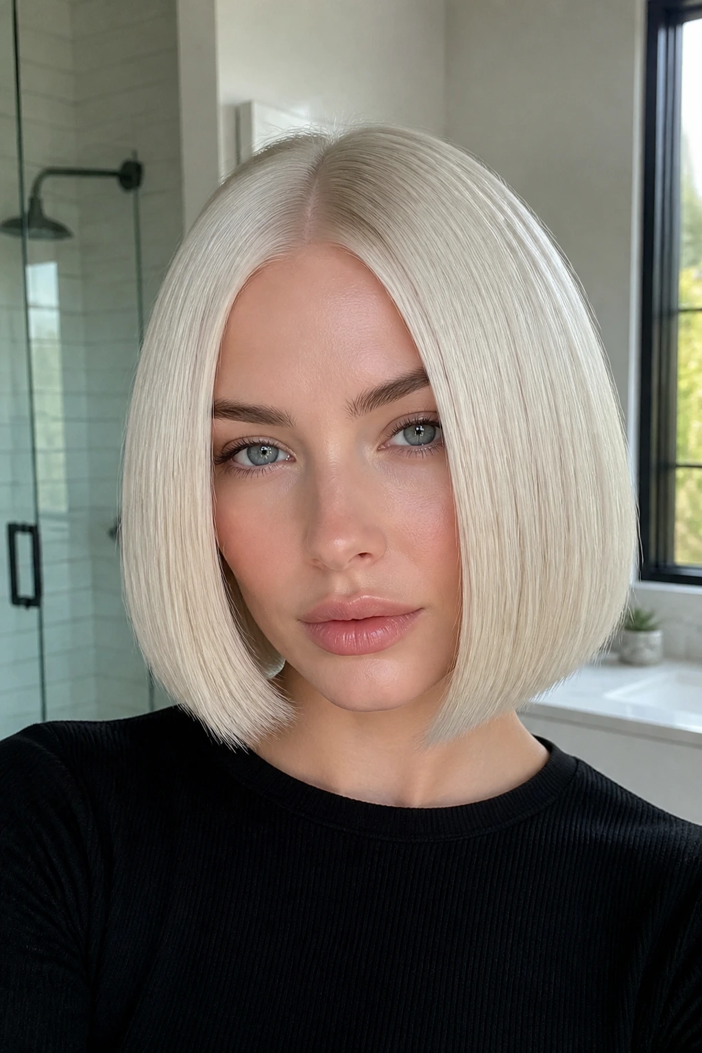 Close-up portrait of a real woman with a center-part glass bob and shiny platinum hair