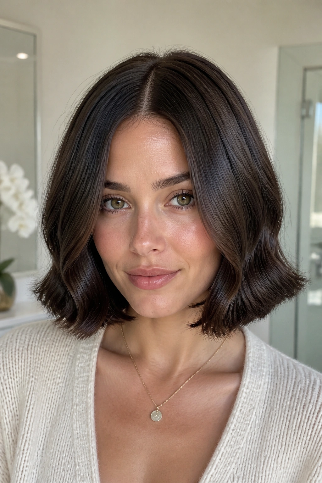 Portrait of a real woman with a center-part glossy bob and soft bends in natural light