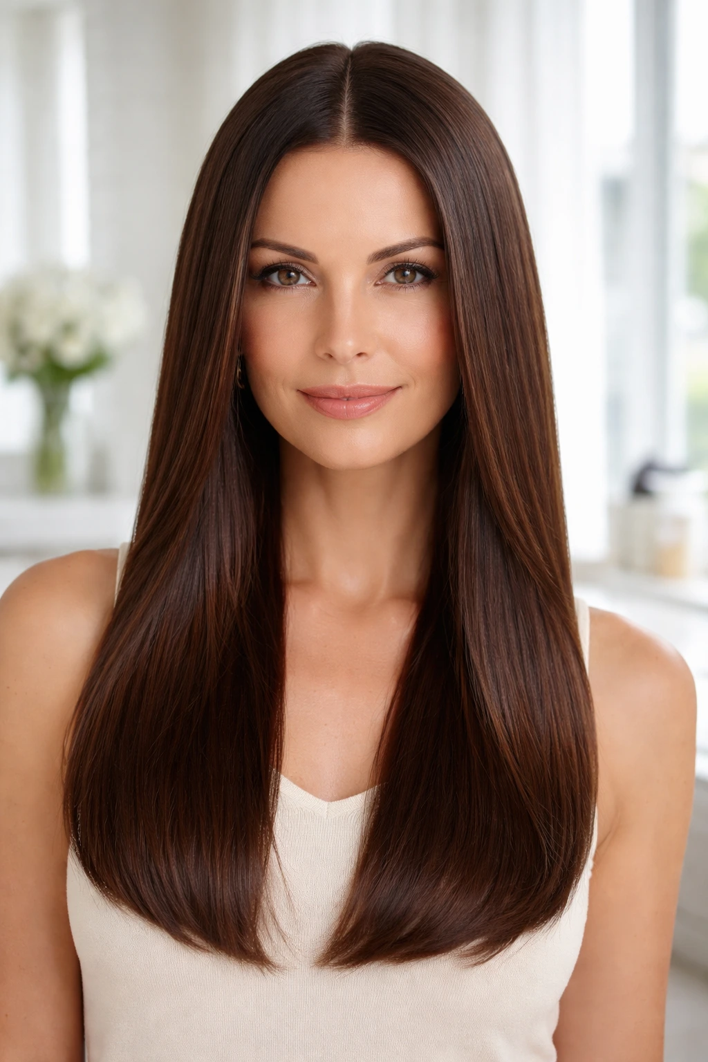 Close-up of a real woman with a sleek center-part hairstyle and glossy hair