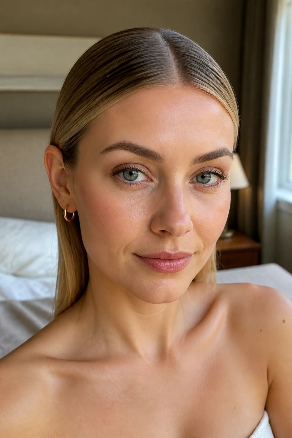 Close-up of a real person with a sleek center part tucked behind the ears.