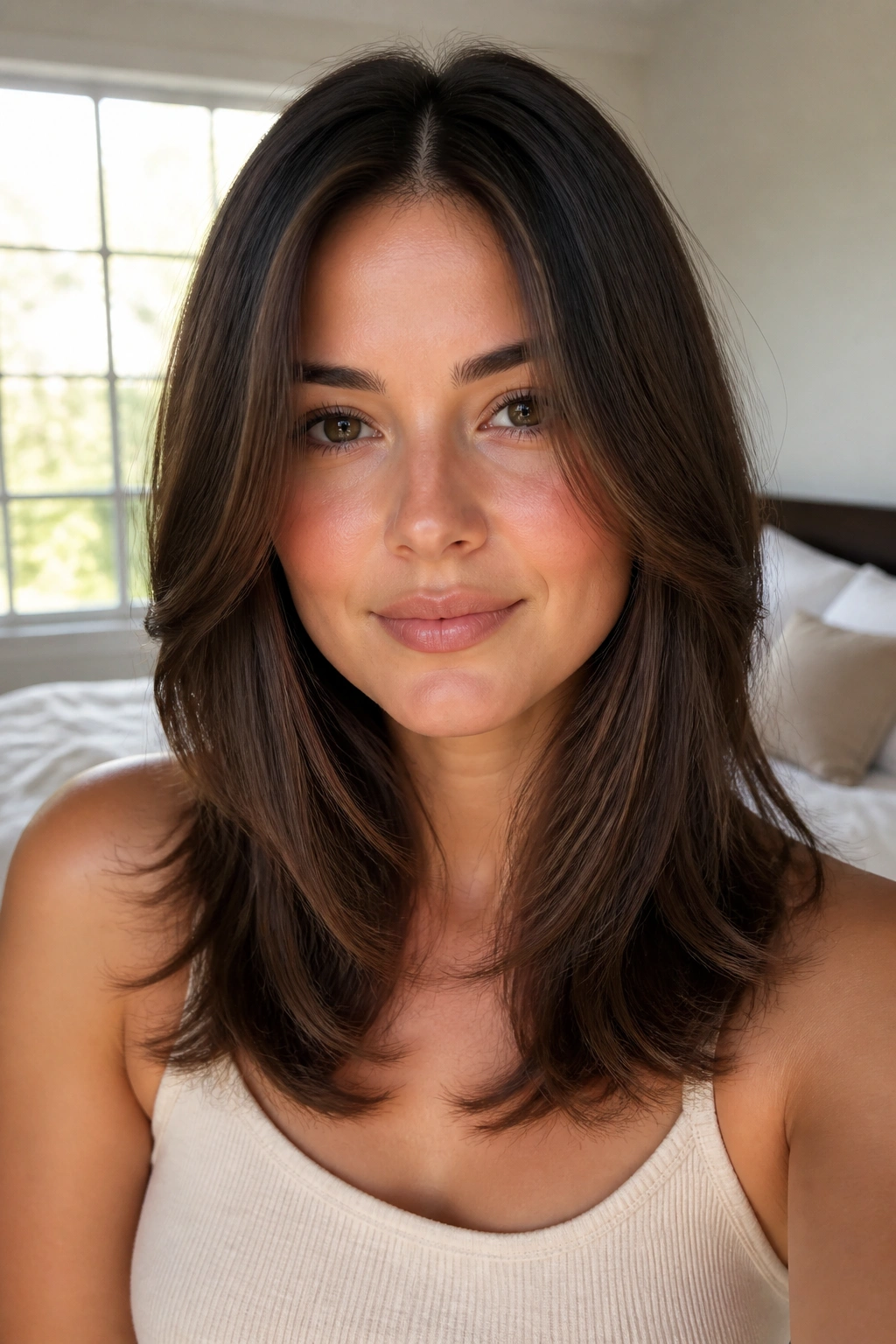 Close-up of a real woman with a center-parted long layered haircut framing her cheeks