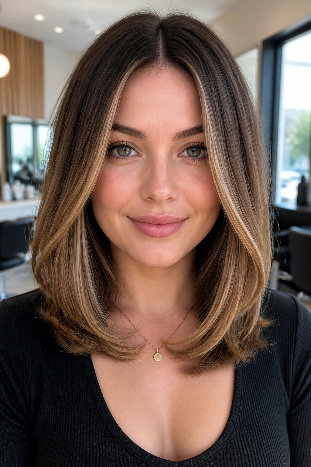 Close-up portrait of a woman with a center-parted hairstyle and vertical highlights