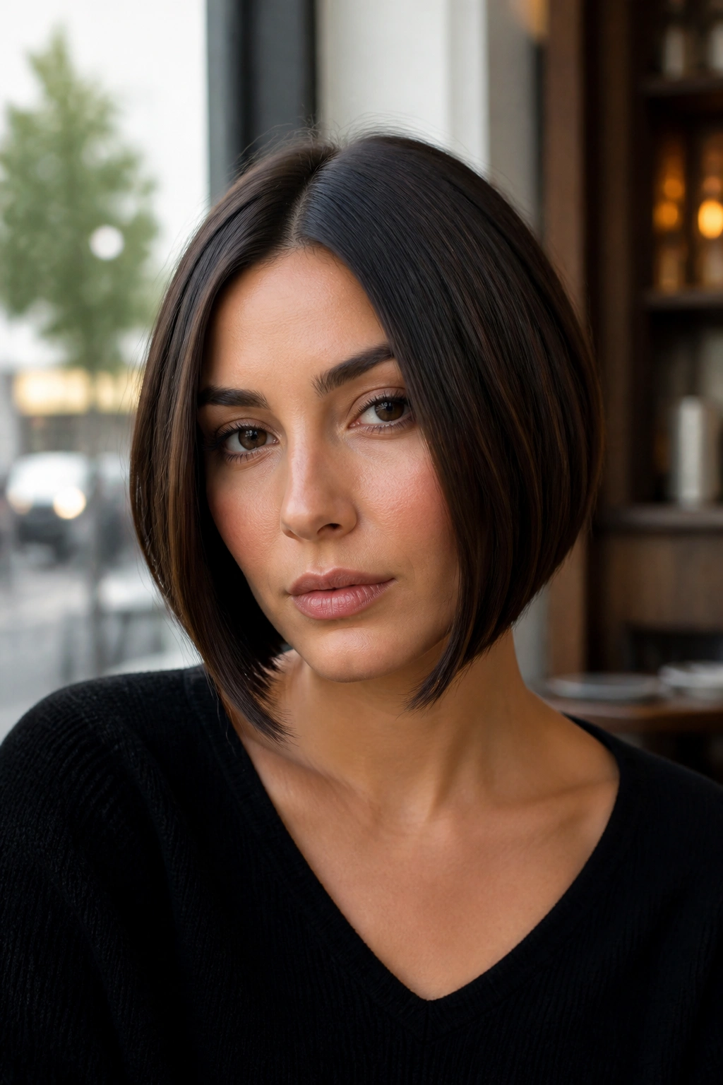Close-up of a real woman with center-part inverted bob and clean angles