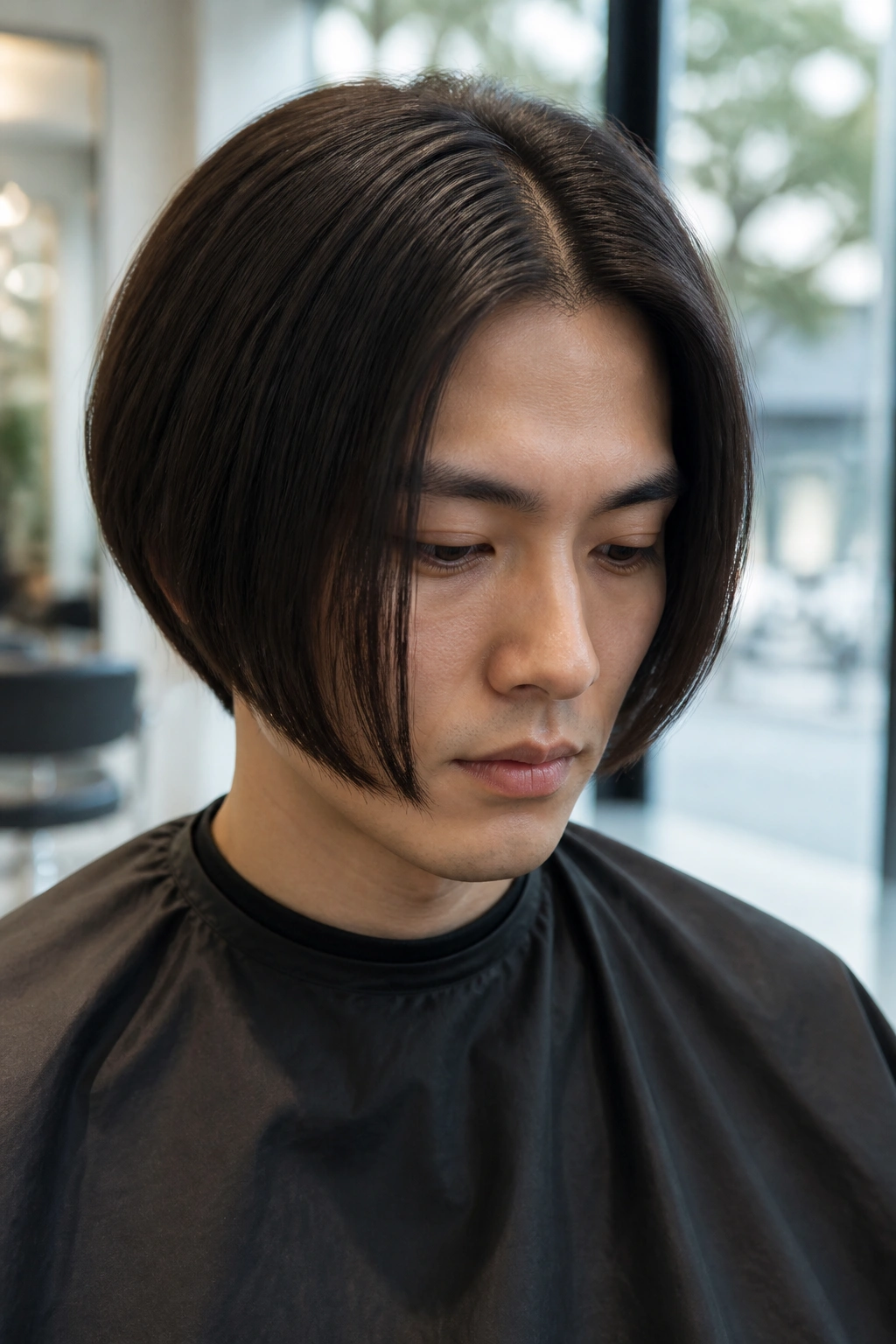 Portrait of man with center-part sleek inverted bob in bright salon
