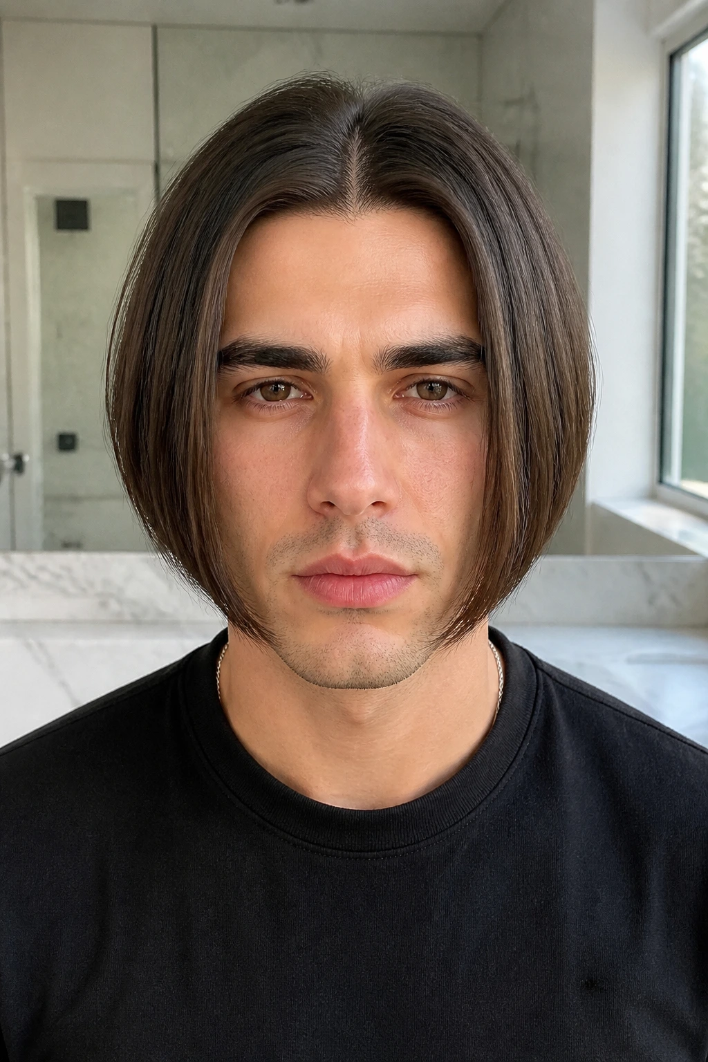 Man with center-part inverted bob seen from front, symmetrical sides.