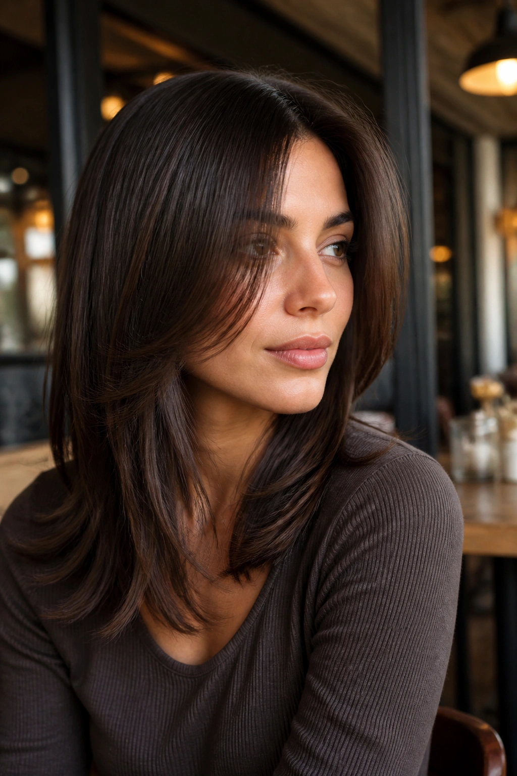 Portrait of a woman with center-parted layered cut and long bangs