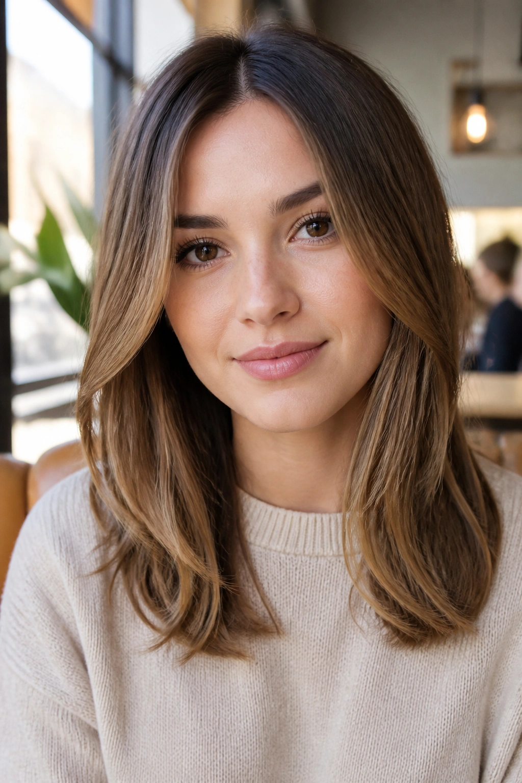 Close-up of a real person with center-part layers and face-framing pieces in warm daylight