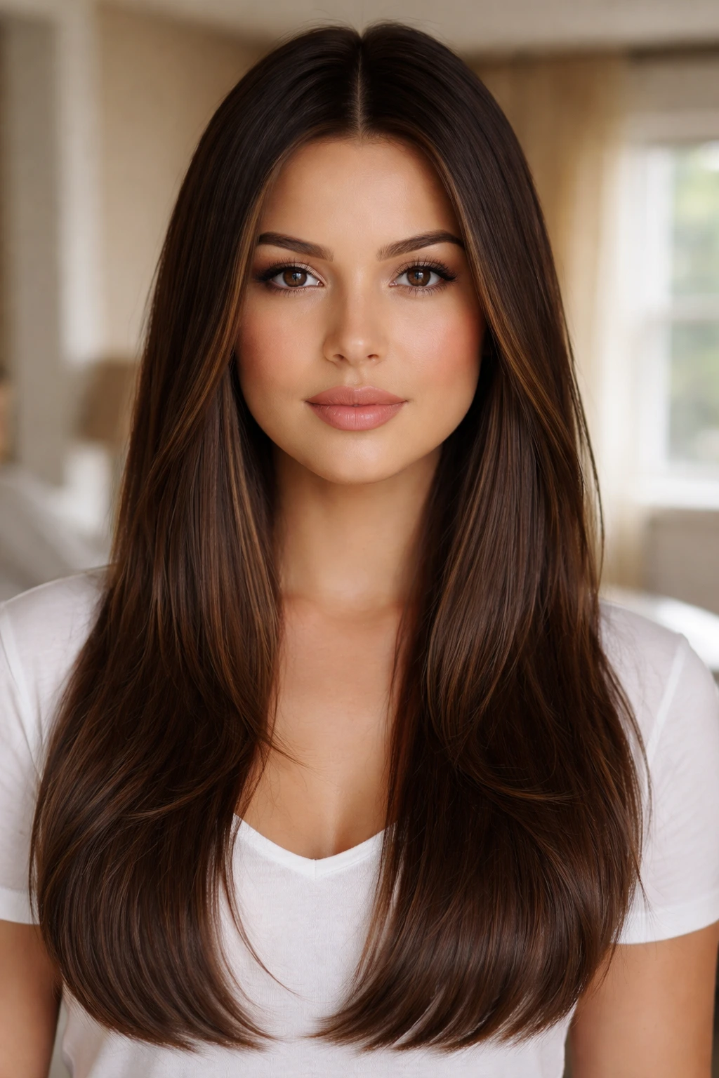 Close-up portrait of a real woman with center-part and jawline-starting face-framing layers in natural window light