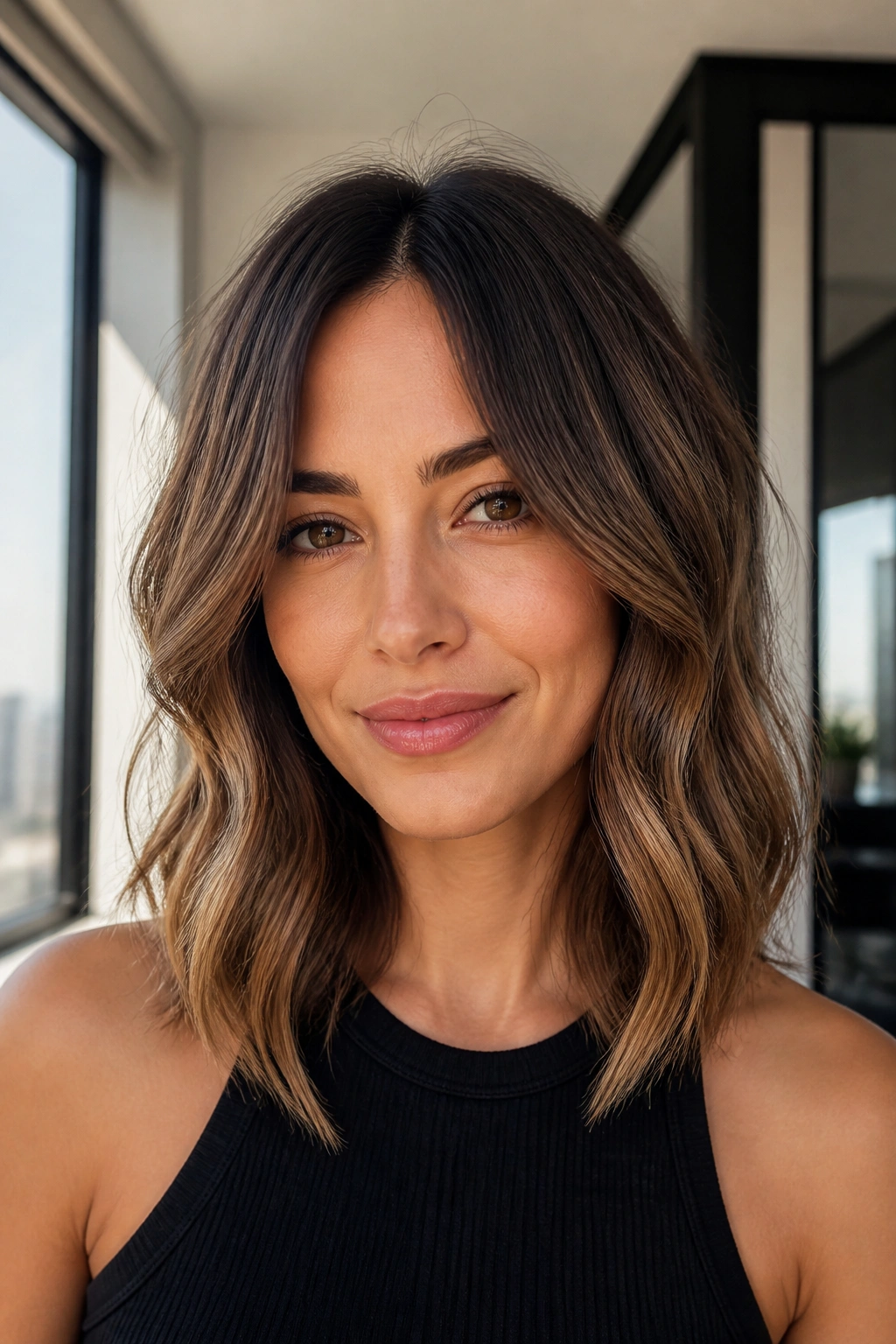 Close-up of center-part lob with loose waves on a real person