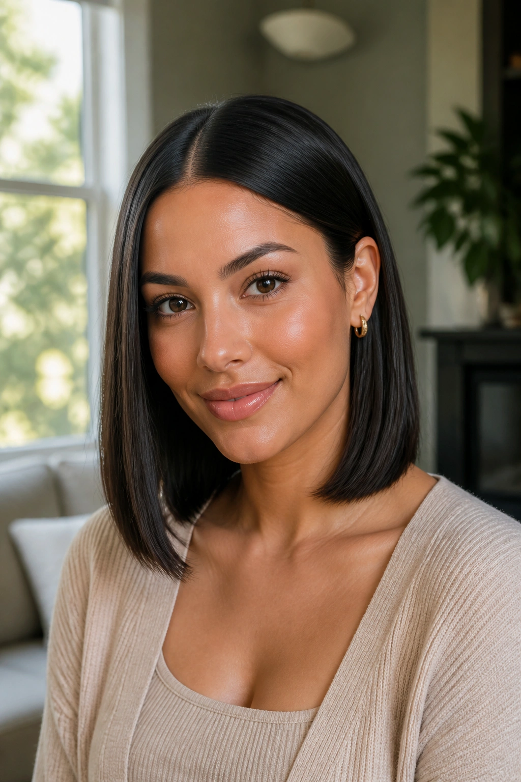 Close-up of a real woman with Sleek Center-Part Lob in natural window light