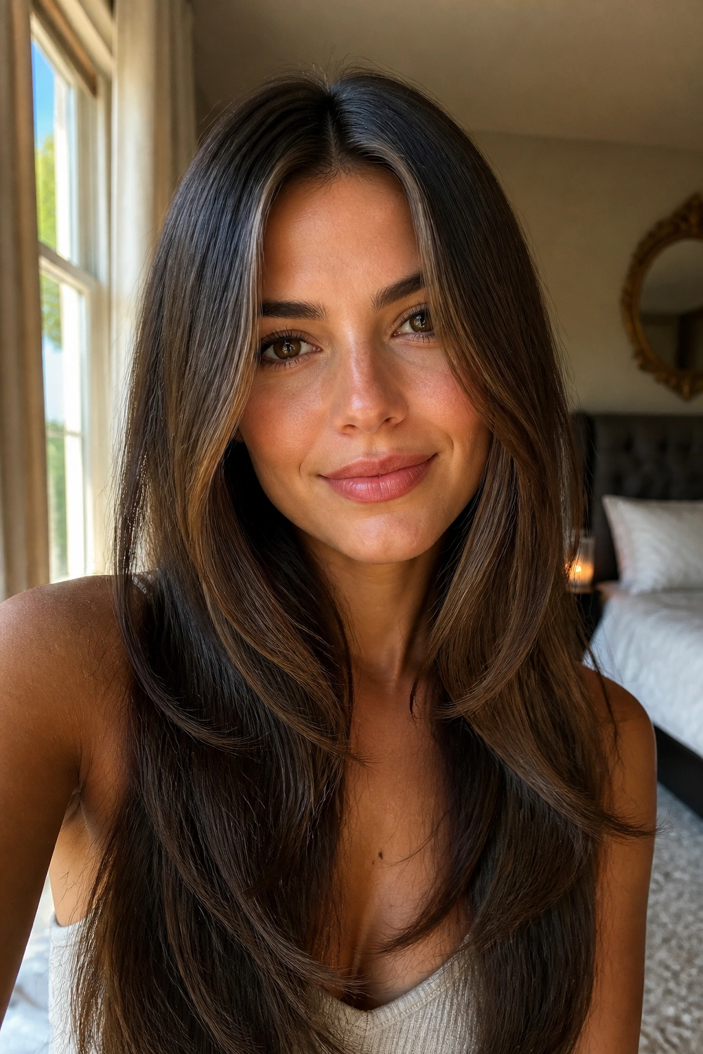 Close-up of a real woman with sleek long layers and a center part, window-lit portrait.