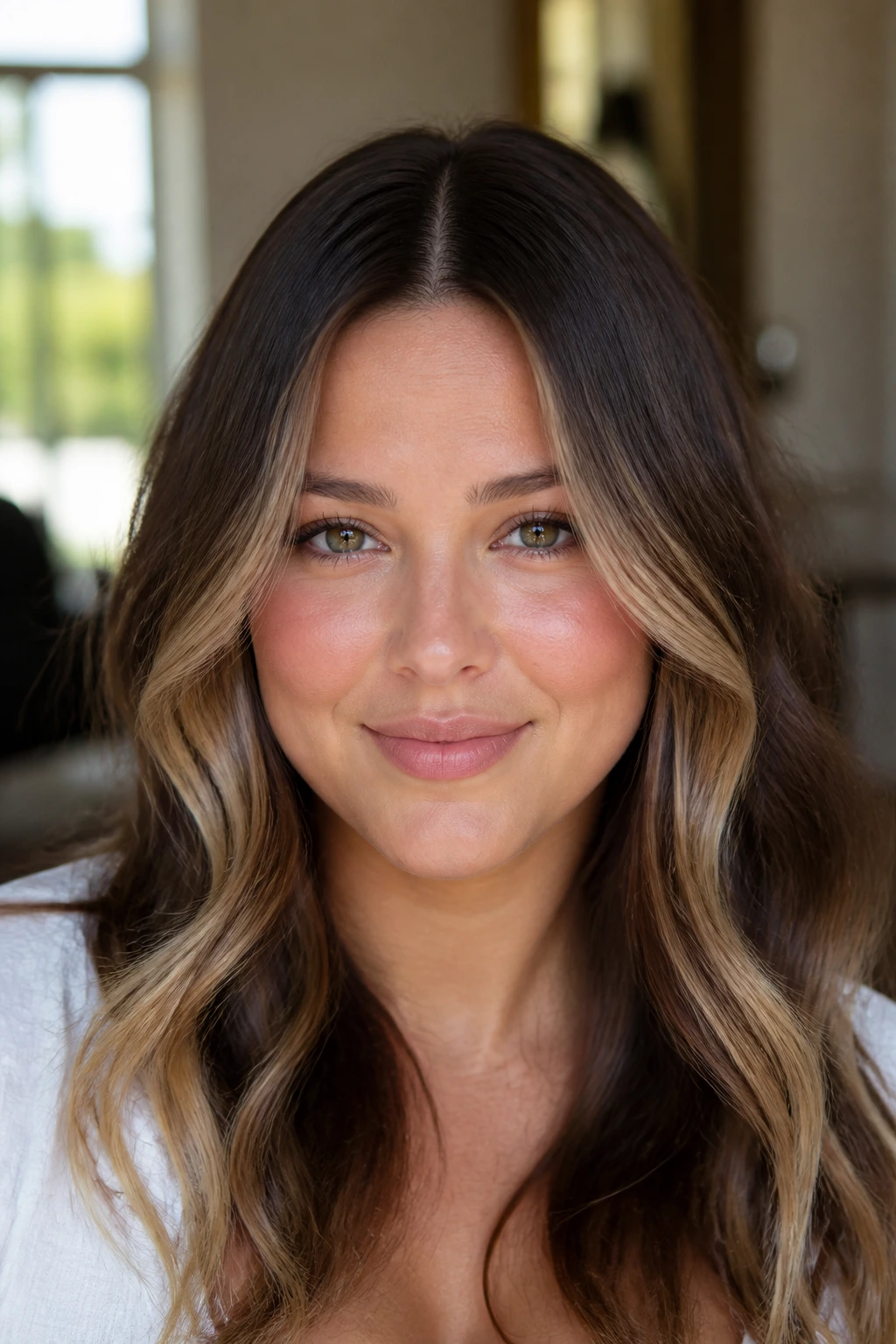 Close-up of a center-part hairstyle with low brightening near cheeks