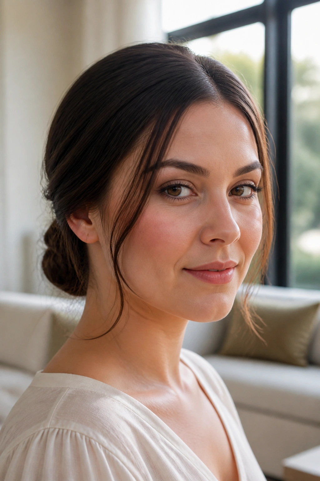 Close-up of a woman with a center-part low knot and slim side strands