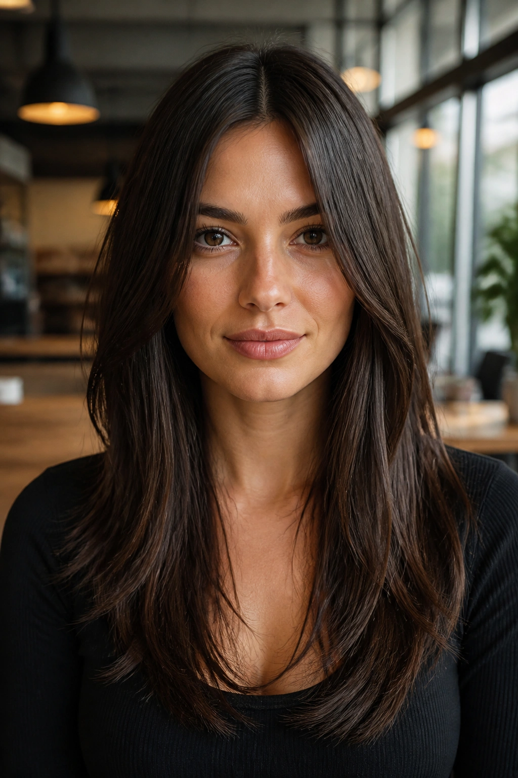 Close-up of a real woman with center-part minimalist long shag