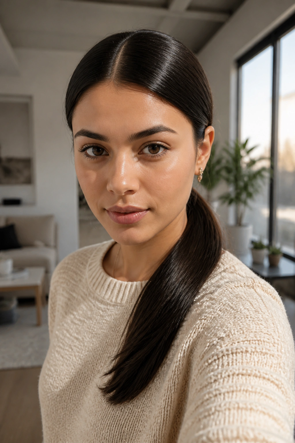 Close-up of center-part low ponytail on a real woman in a bright living room