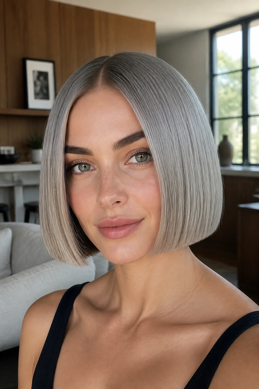 Close-up of real woman with sleek center-part precision bob in ash-silver