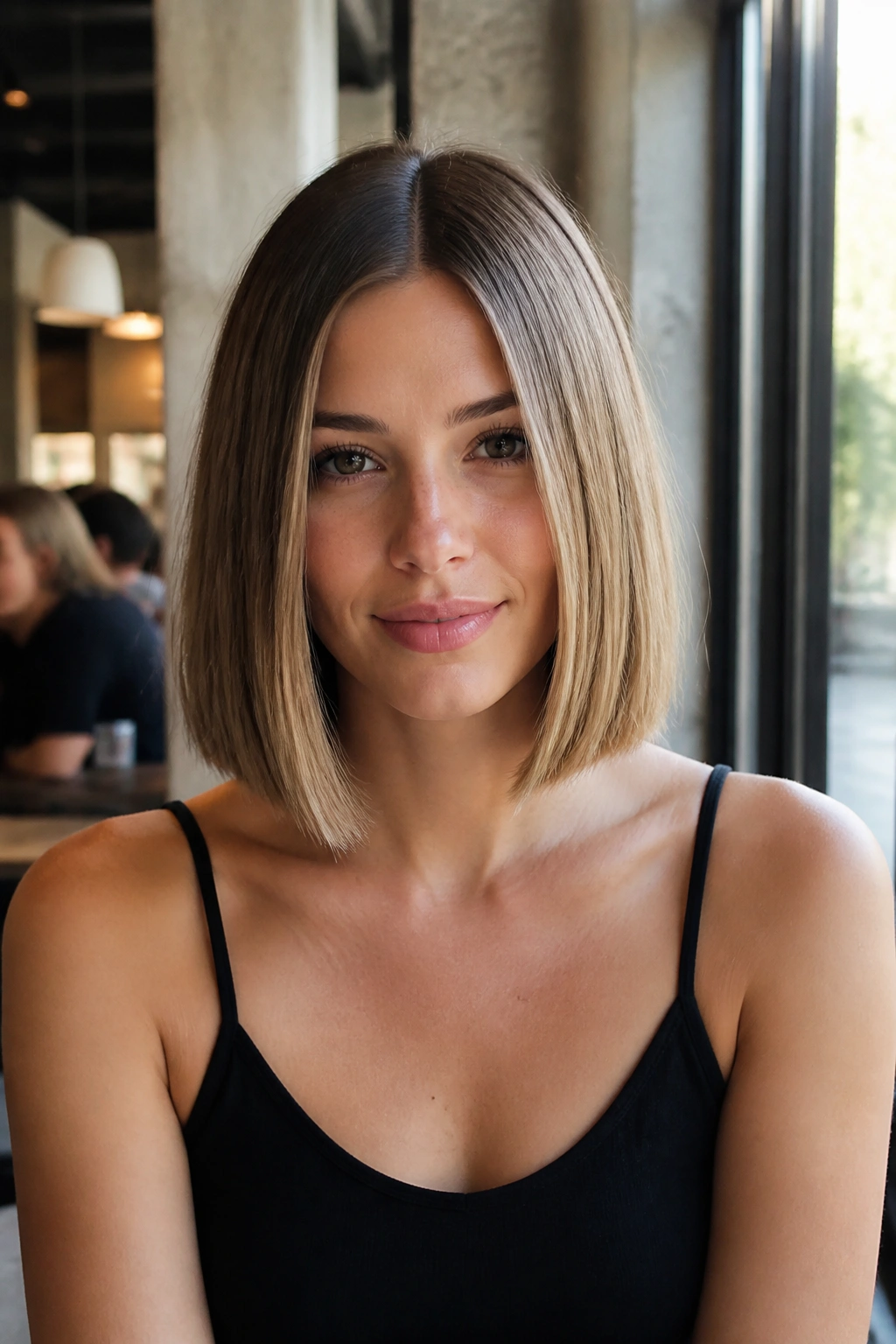 Real woman with center-part precision lob showing crisp ends