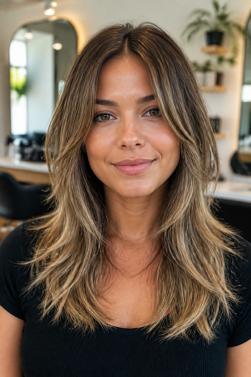 Close-up portrait of a real woman with center-part razor shag and feathered ends