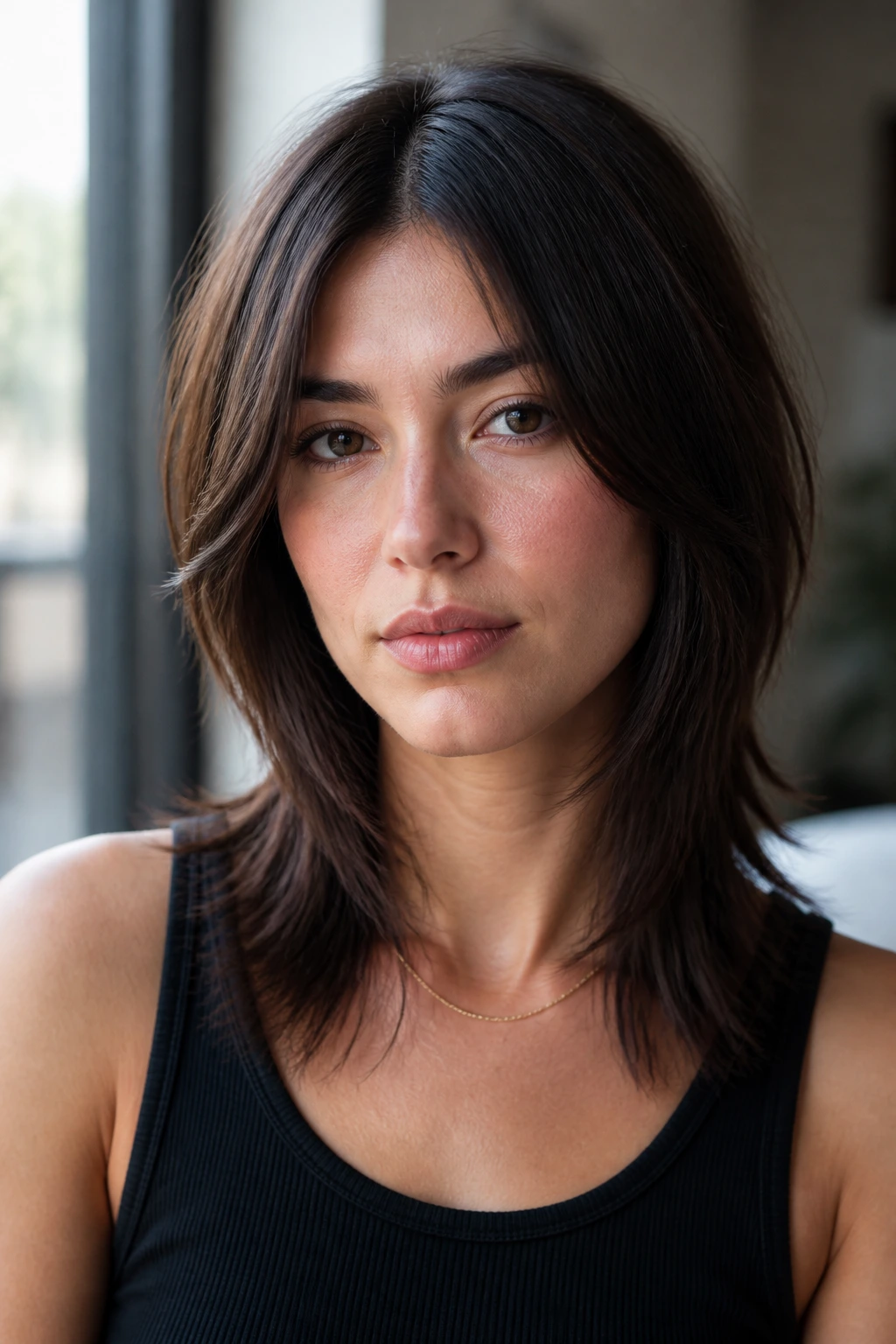 Close-up portrait of a real person with a center-part sleek shag hairstyle