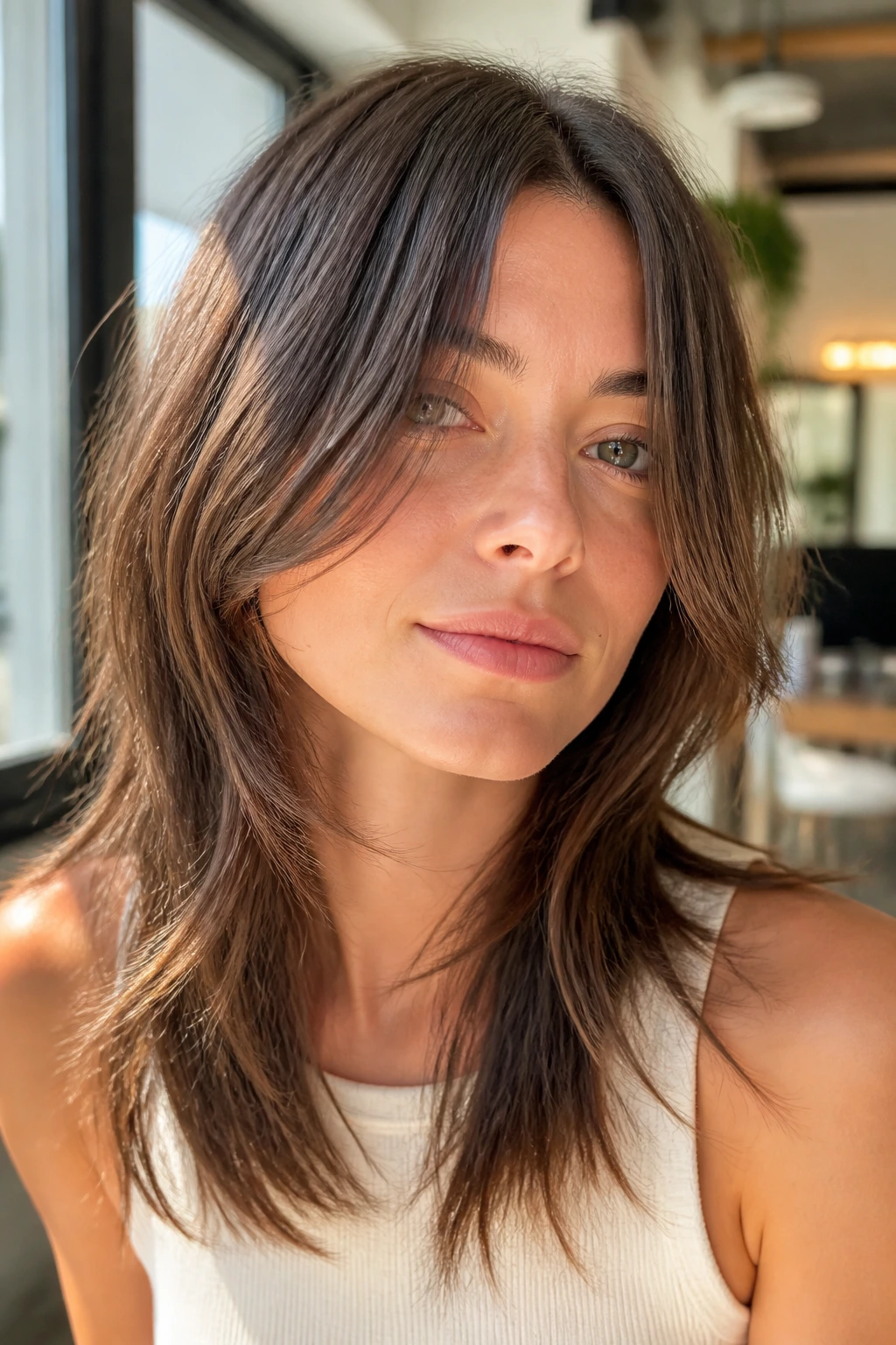 Close-up portrait of a real woman with a center-part shag and face-framing pieces in a sunlit salon