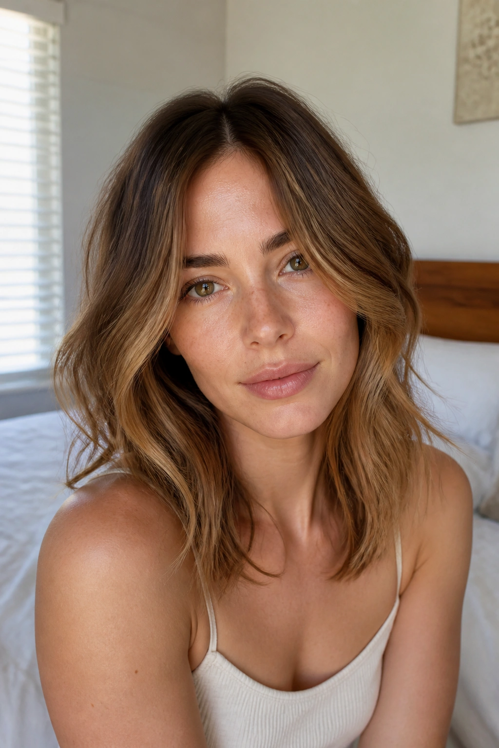 Close-up of real woman with center-part shag and loose waves in morning light