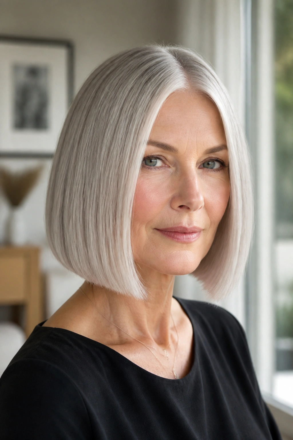Close-up of a real person with a center-part, glassy silver bob and blunt ends, lit by window light