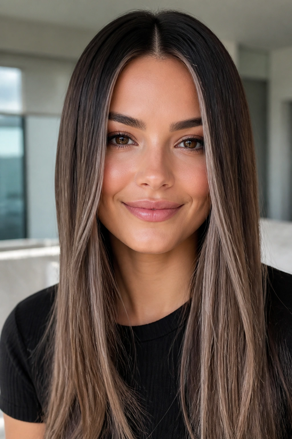 Close-up of sleek center-part brown hair with silver veil highlights on a real woman