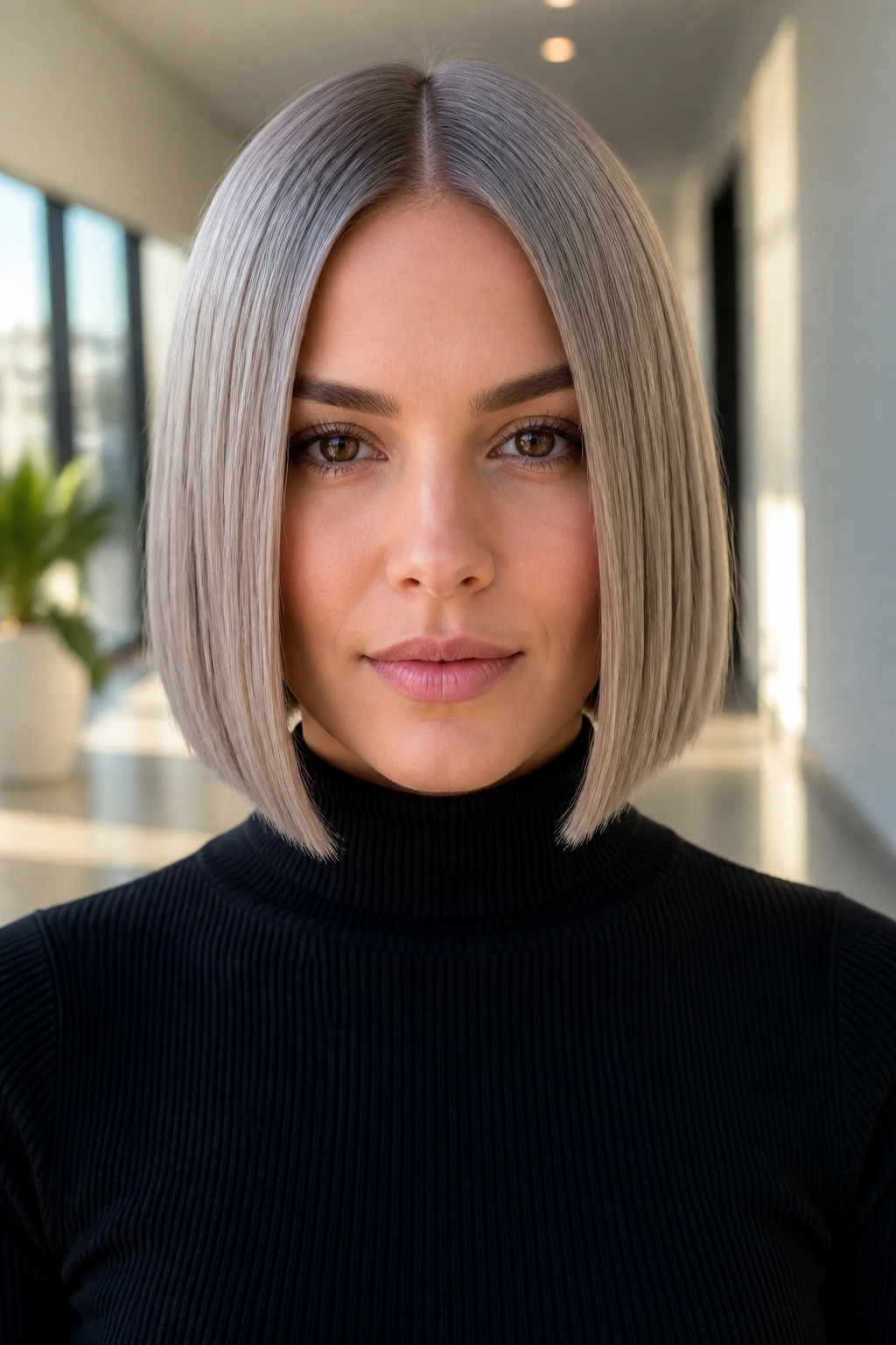 Real woman with center-part sleek ash bob, chin-length precision cut