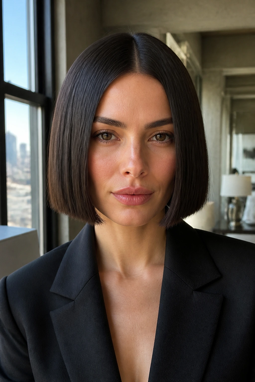 Close-up portrait of a real woman with center-part sleek French bob