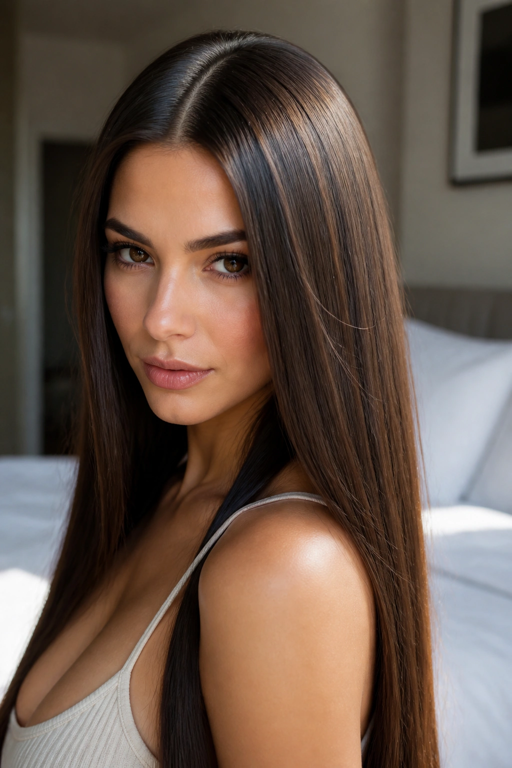 Close-up of real woman with glass-straight center part and sleek long hair