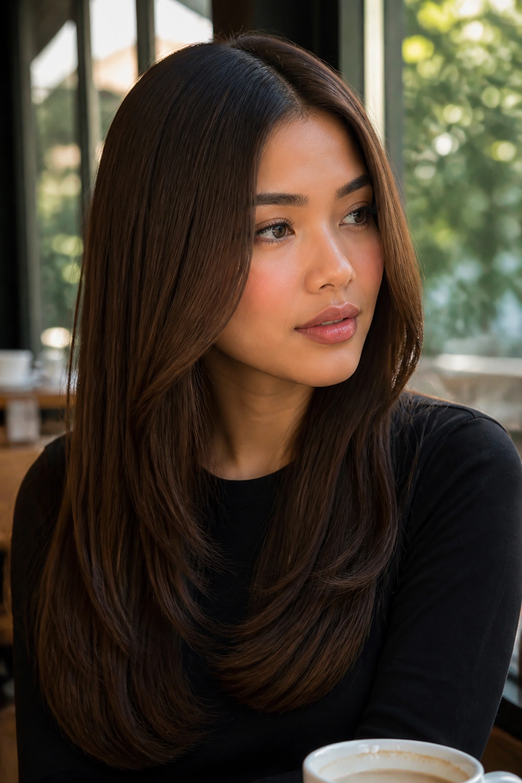 Real woman with center-parted sleek layers under natural light.