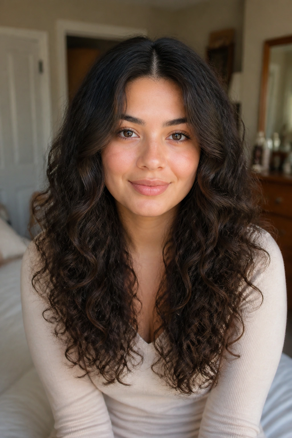 Portrait of woman with center part and tapered ends in curls