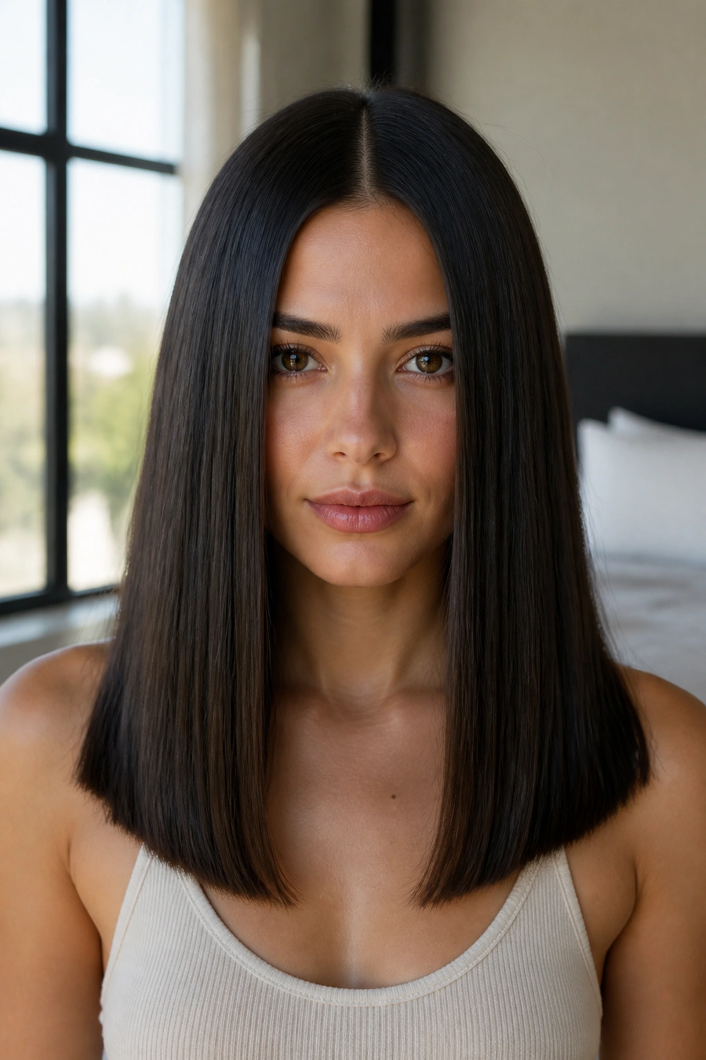 Close-up portrait of a real woman with thick straight hair and a center-part