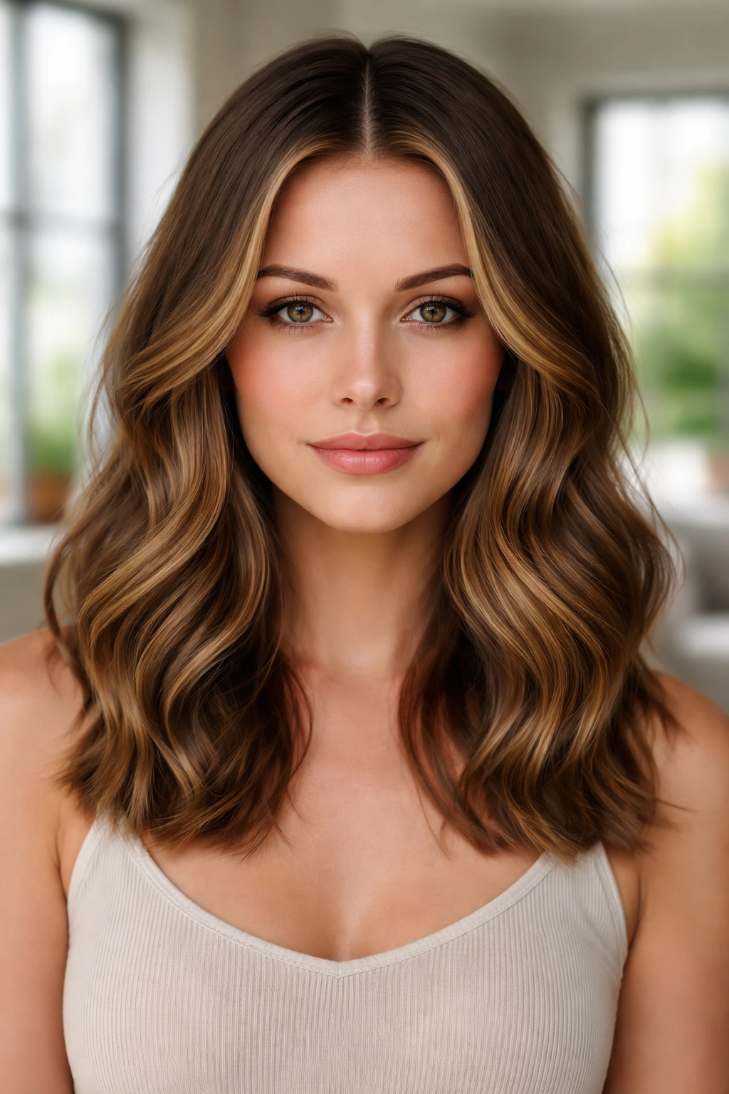 Close-up portrait of real woman with a defined center part