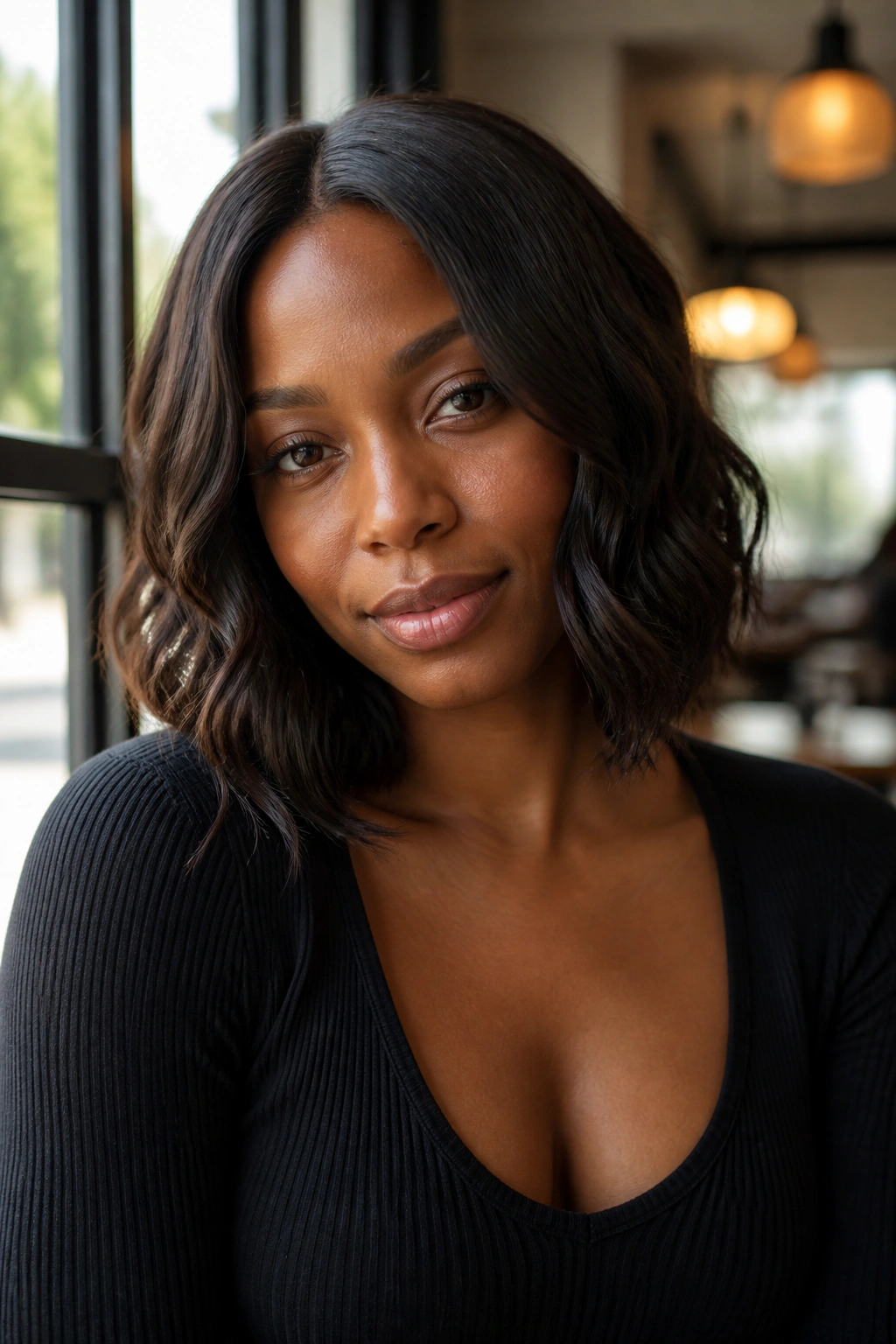 Medium close-up of a real woman with a center-parted wavy lob catching light.