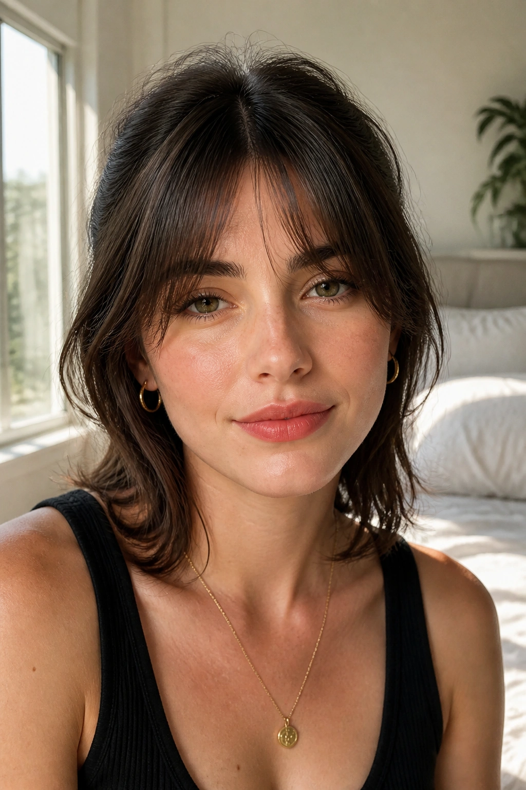Close-up portrait of a woman with a center-part wispy bangs framing the face