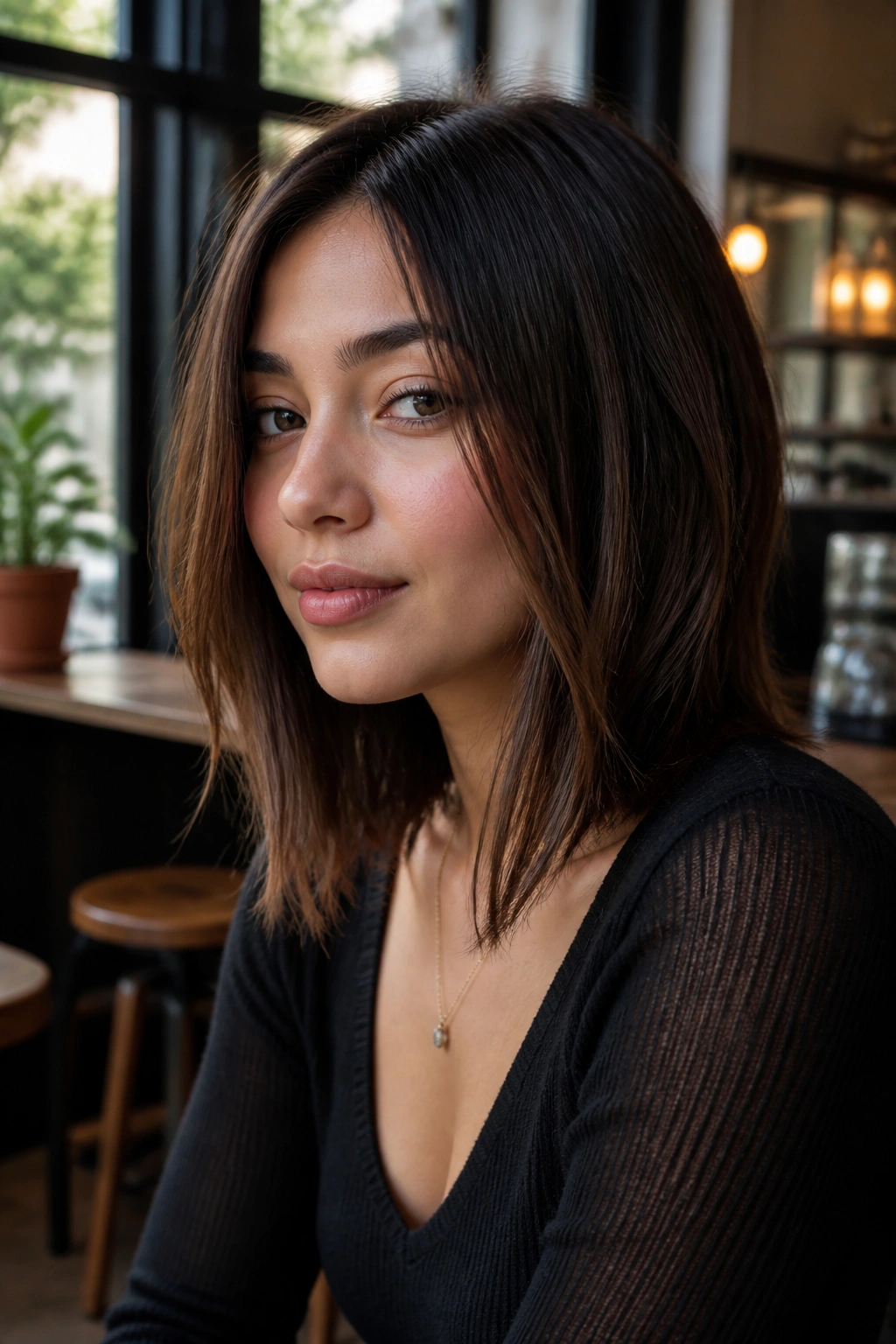 Portrait of real person with center-parted midi hair and angled front pieces in cafe light