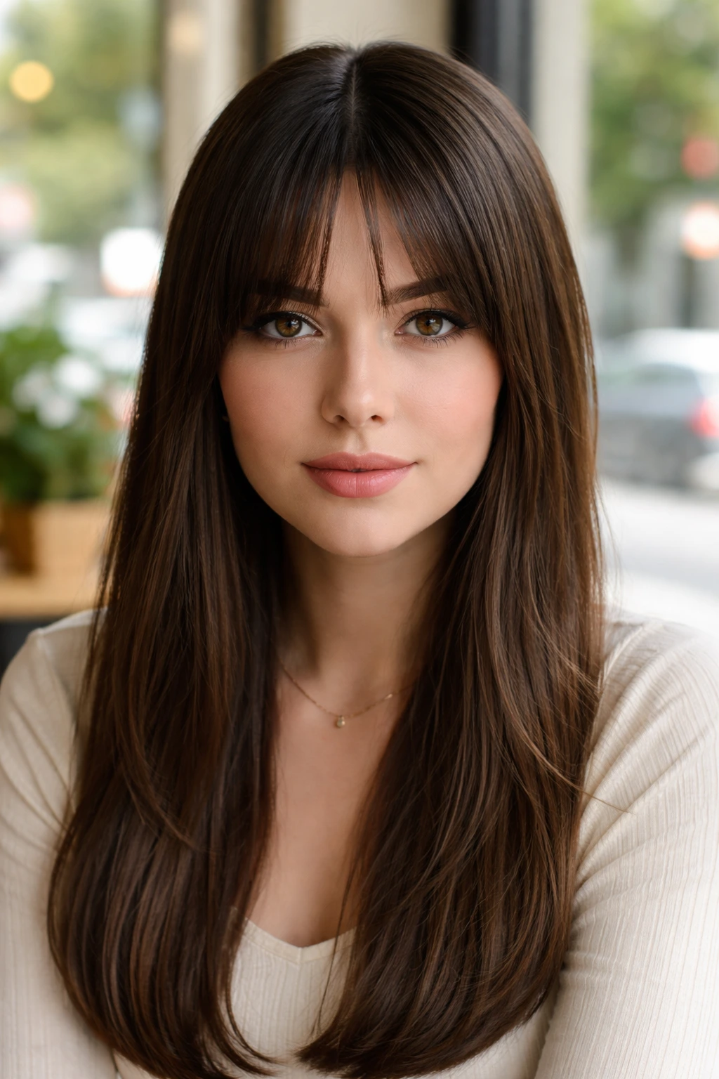 Close-up of a woman with center-parted straight bangs in cafe lighting