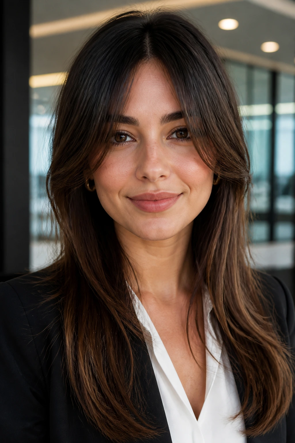 Portrait of a woman with center-parted curtain bangs framing cheeks