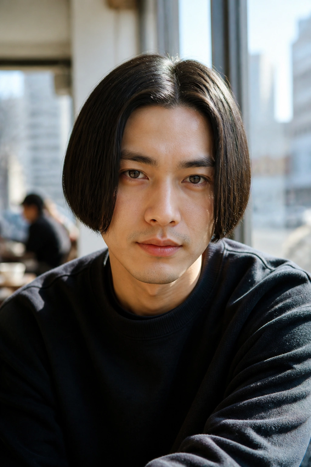 Close-up of a man with a center-parted bob in a cafe setting