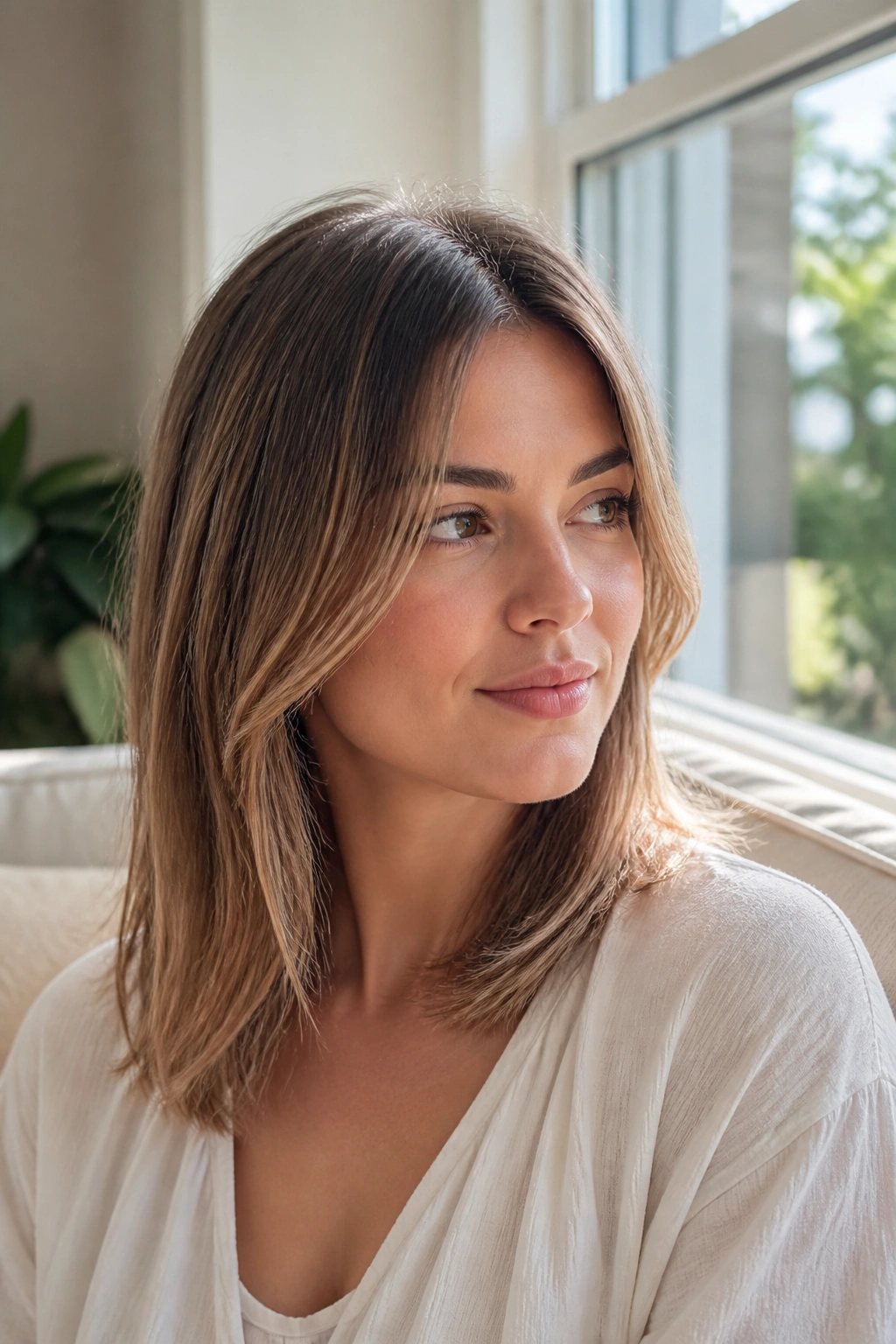 Portrait of a woman with a center-parted cut and face-framing pieces near the cheeks.