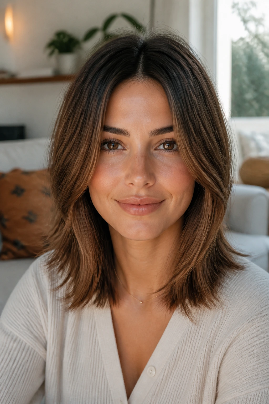 Close-up portrait of a real woman with a center-parted midi and corner-grazing layers