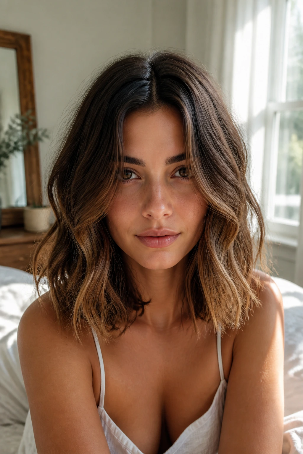 Close-up of center-parted lob with loose undone waves in a sunlit bedroom.