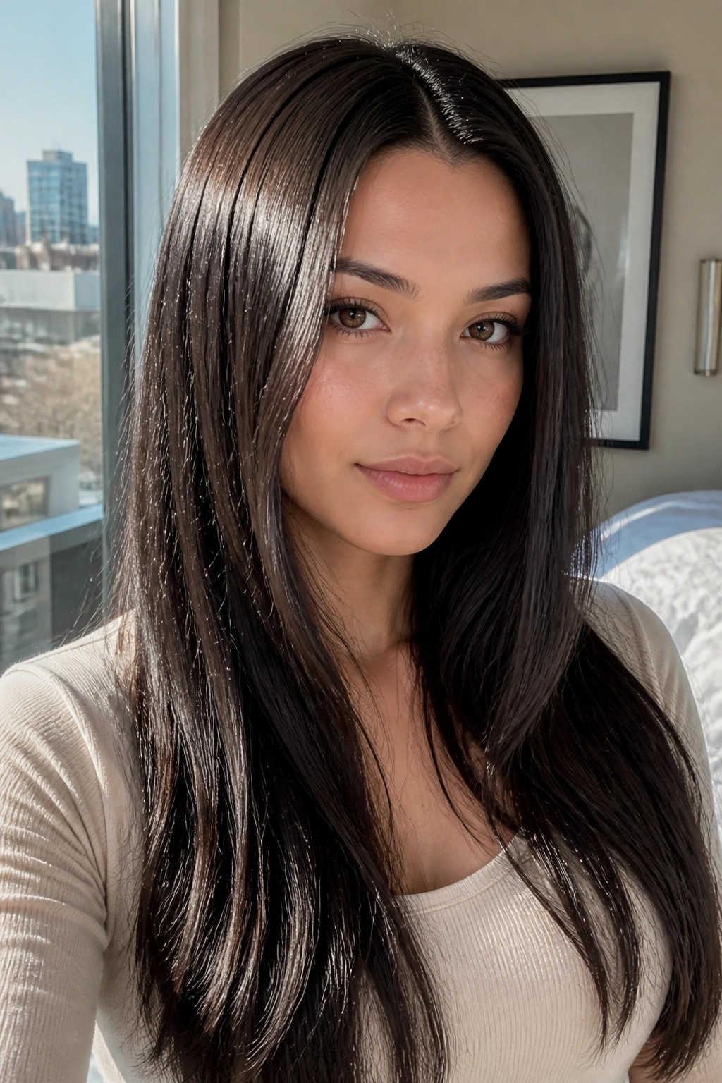 Real woman with center-parted long hair and shine in the light