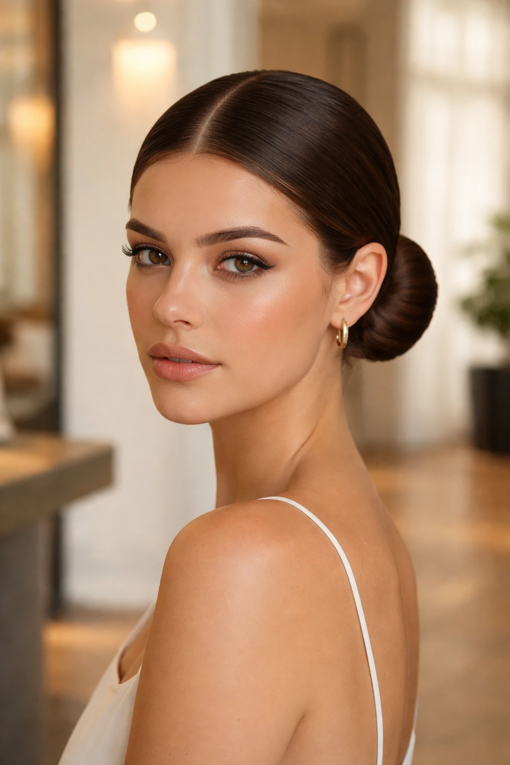 Close-up of a woman with center-parted hair into a low bun at the nape