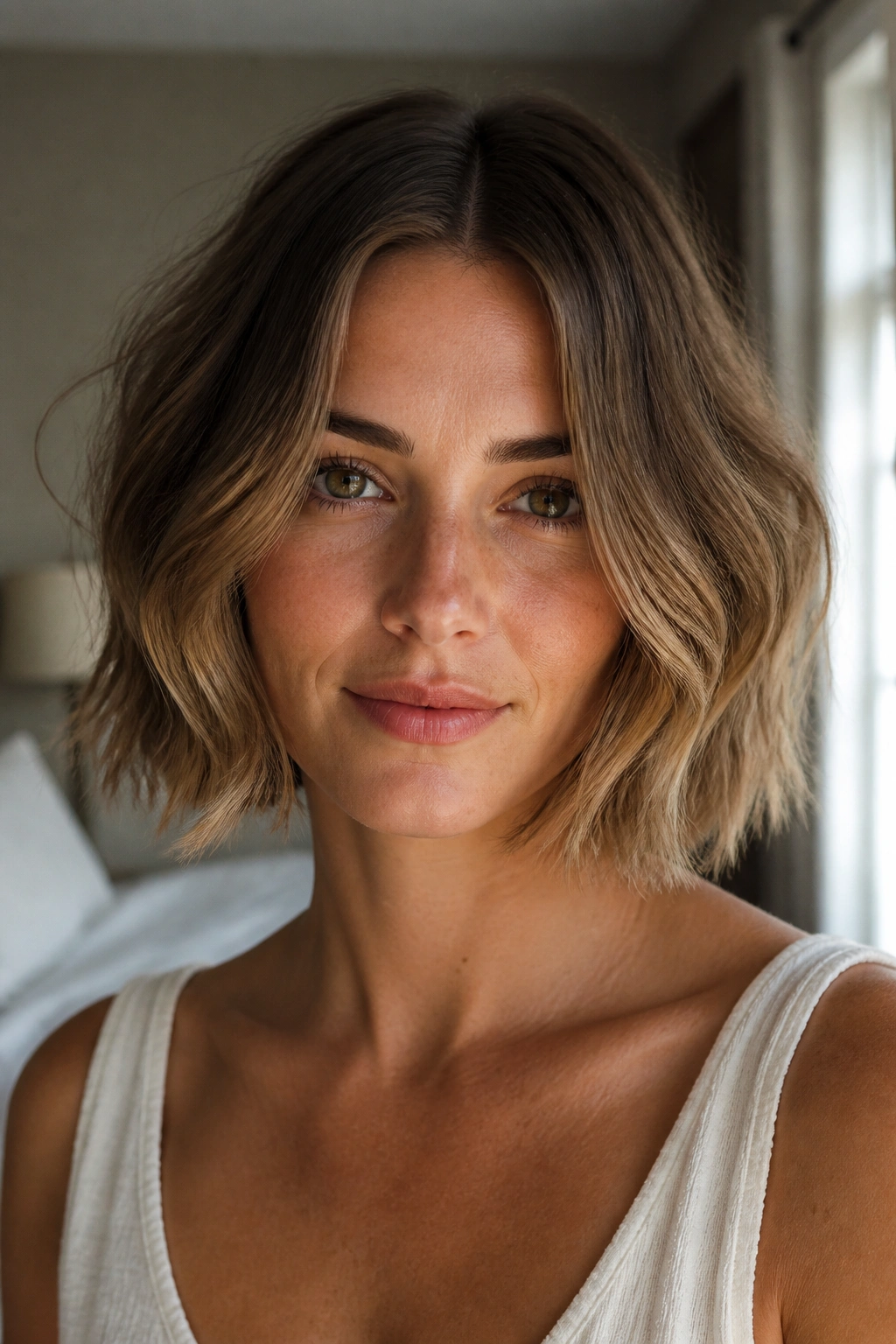 Close-up portrait of a real woman with a center-parted mini lob and symmetrical waves