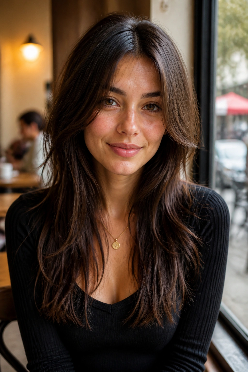 Close-up portrait of a real woman with center-parted soft shag and cheekbone layers.
