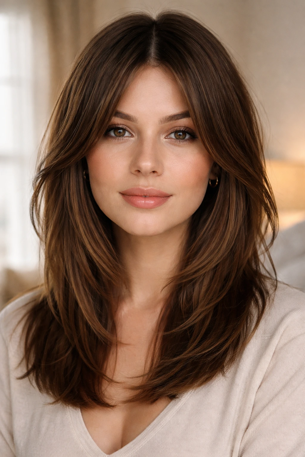 Close-up portrait of a real woman with a classic center-parted shag framing her face