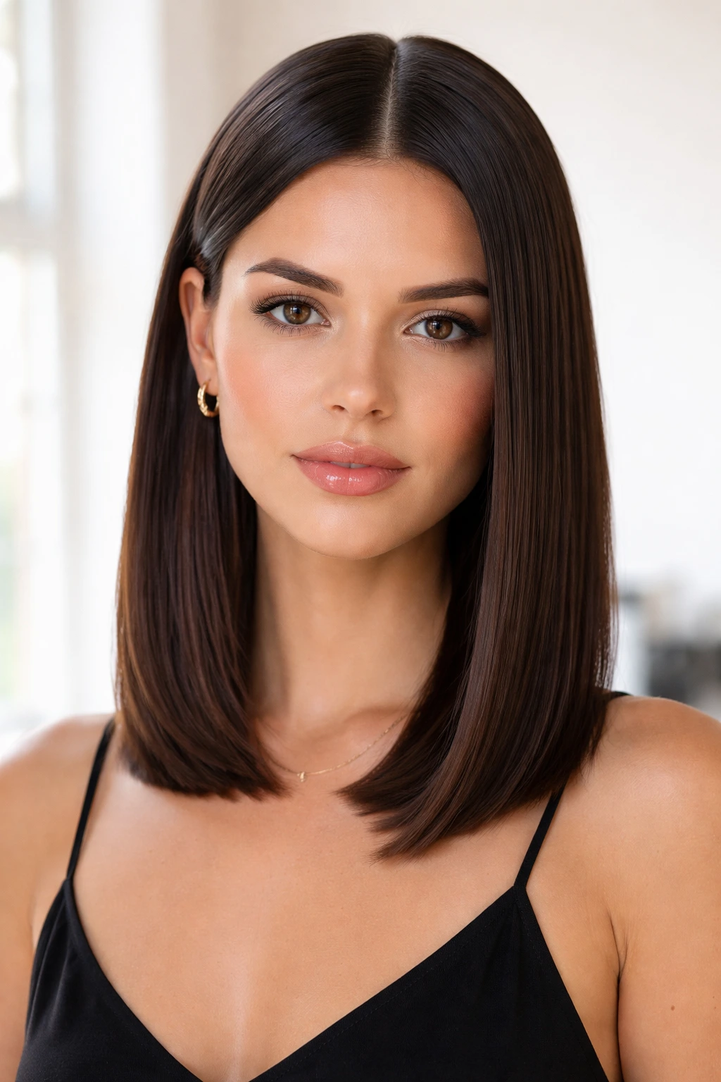 Close-up portrait of a real person with a center-parted sleek lob