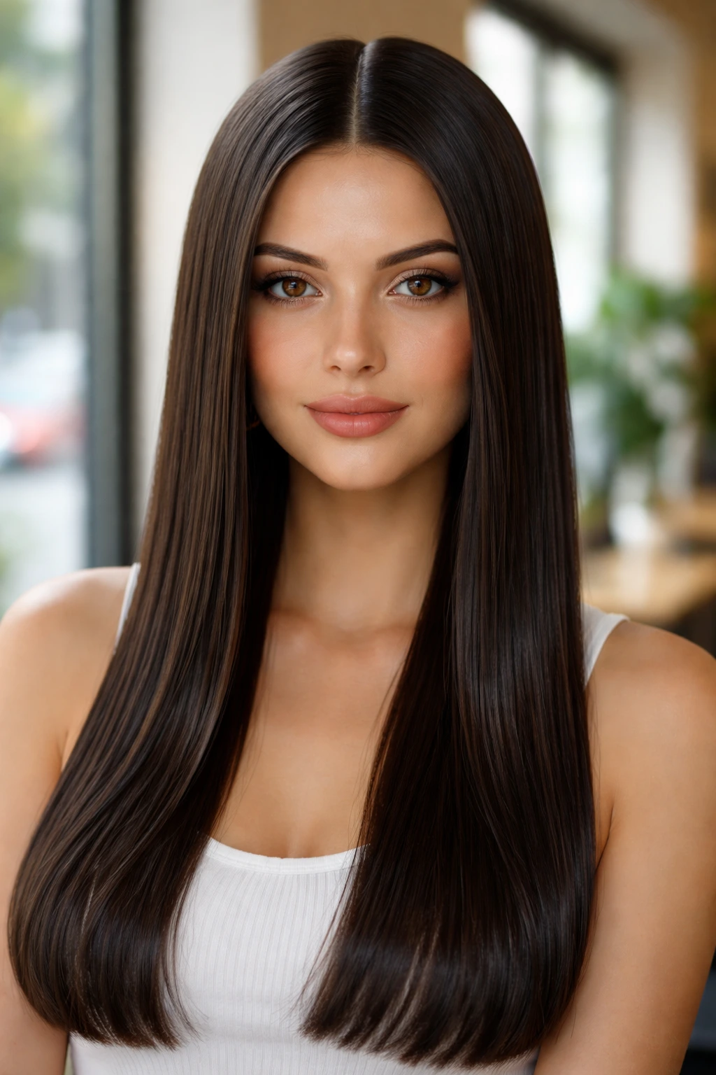 Close-up of a real person with center-parted straight hair framing the face.